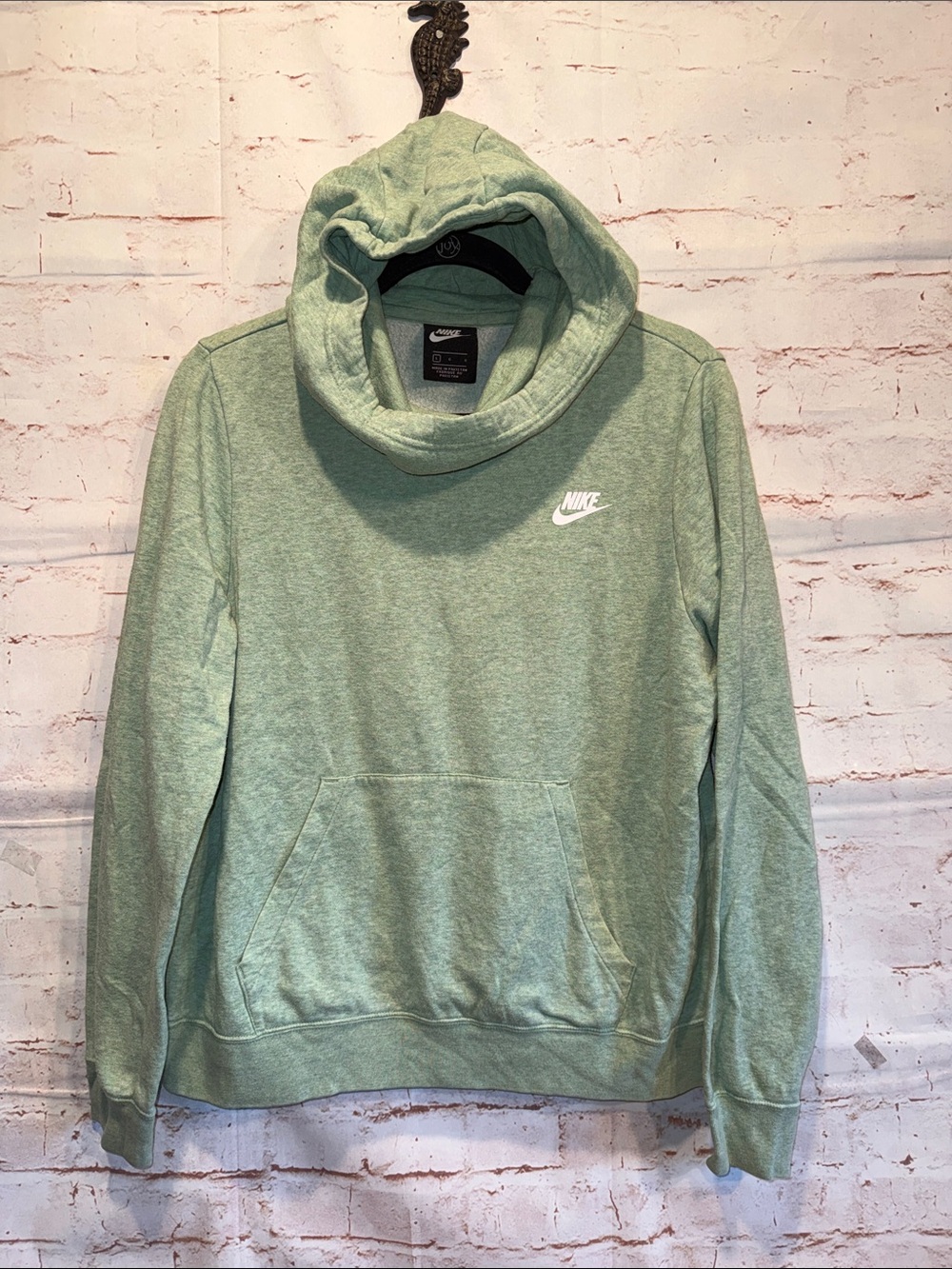 Nike Sage Green Pullover cowl neck White Swoosh Hoodie hooded Large sweatshirt